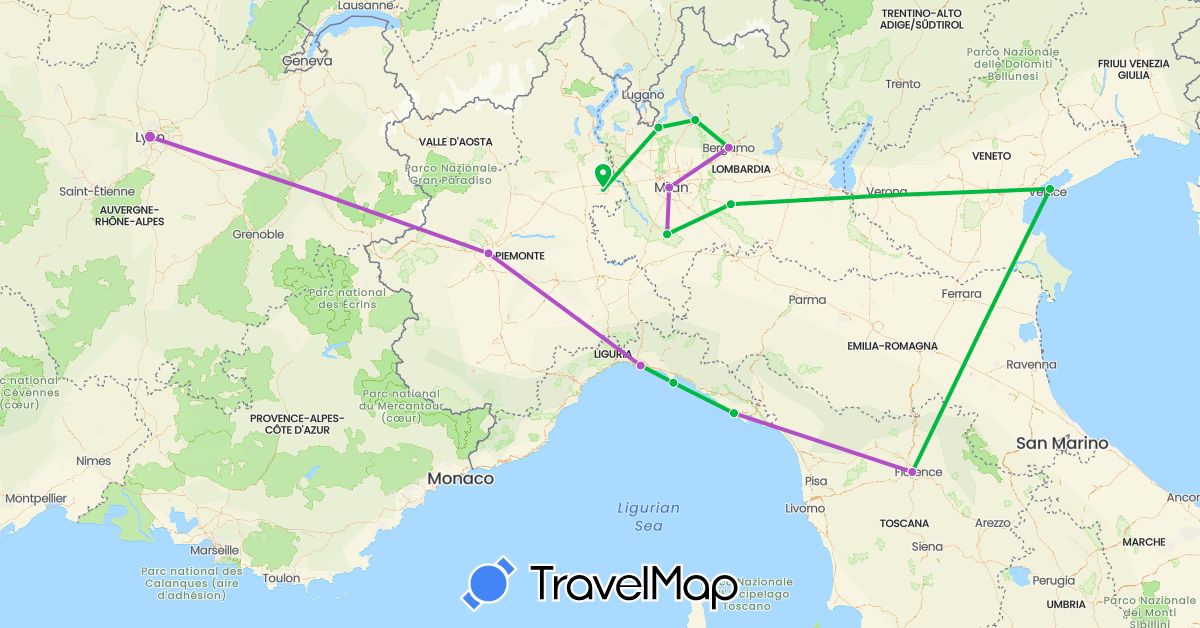 TravelMap itinerary: driving, bus, train in France, Italy (Europe)